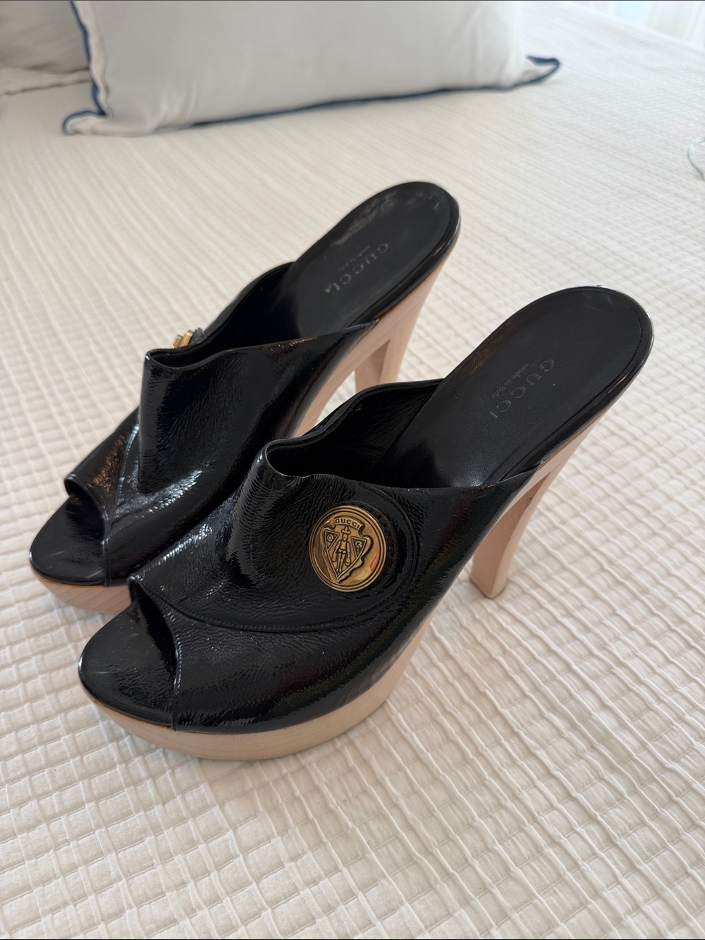 Gucci Black Patent Leather Peep-Toe Platform Mules with Gold Medallion